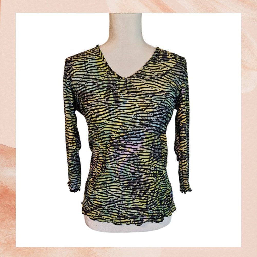 Neon Yellow Green Striped 3/4 Sleeve Blouse